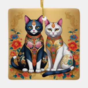 Ornement En Céramique Deux chats fleuris décoratifs