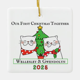 Ornement En Céramique Deux chats, premier Noël ensemble