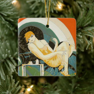 Ornement En Céramique Deux femmes Art Déco vintage par S. Chompre