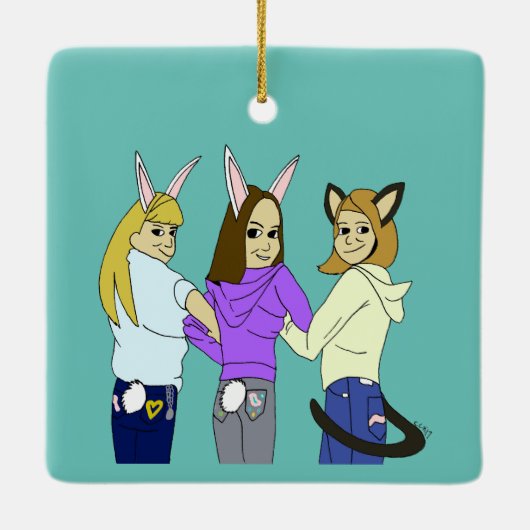 Ornement En Céramique Deux lapins et un chaton (Dos)