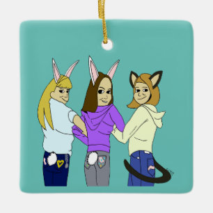 Ornement En Céramique Deux lapins et un chaton