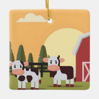 Ornement En Céramique Deux vaches et une grange rouge au coucher du sole