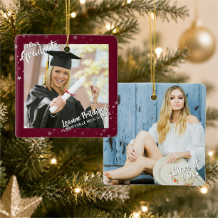 Ornement En Céramique Diplômé Modifiable Bordeaux & Étoiles, Deux-Photos