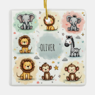 Ornement En Céramique Doodles d'animaux de safari à l'aquarelle mignons