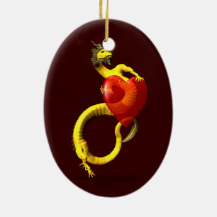 Ornement En Céramique Dragon D'Or Au Grand Coeur Rouge