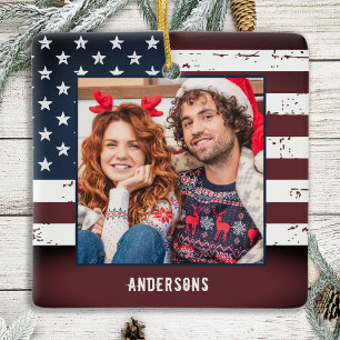 Ornement En Céramique Drapeau Rustique Américain Personnalisé 2 Photo Pa