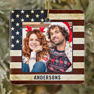 Ornement En Céramique Drapeau vintage Américain Personnalisé 2 Photo Pat