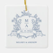 Ornement En Céramique Dusty Blue Classic Floral Crest Wedding Photo (Devant)