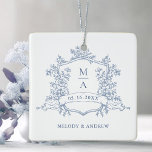 Ornement En Céramique Dusty Blue Classic Floral Crest Wedding Photo<br><div class="desc">This wedding ceramic ornament features a classic dusty blue floral crest,  with a photo on the back.  Perfect for weddings,  birthdays,  graduations,  and other events. For more advanced customization of this design,  please click the BLUE DESIGN TOOL BUTTON above!</div>