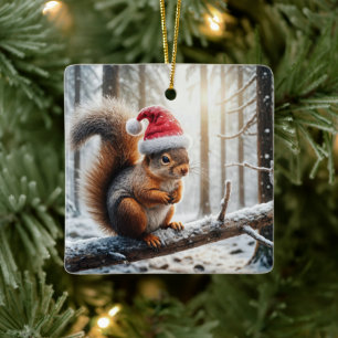 Ornement En Céramique Écureuil de Noël sur la branche des arbres neigeux