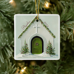 Ornement En Céramique Église vintage enneigée à Noël
