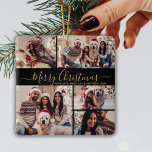 Ornement En Céramique Elégant Black Gold 5 Photo Collage Noël<br><div class="desc">Élégant Script moderne noir et or 5 Photo Collage Joyeux Script de Noël Ornement en céramique de vacances. Caractéristiques minimaliste cinq (5) photo collage modèle un joli collage grille et "Joyeux Noël" dire! Le texte de salutation "Joyeux Noël" est écrit dans une belle main lettré blanc tourbillonnant swash-tail script de...</div>