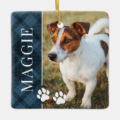 Ornement En Céramique Élégant bleu Plaid Nom et photo de l'animal (Devant)