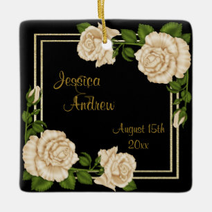 Ornement En Céramique Élégant Chic Coin Ivory Roses Bouquets Mariage