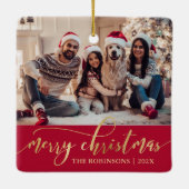 Ornement En Céramique Elegant Gold Merry Christmas Script Photo Red (Dos)
