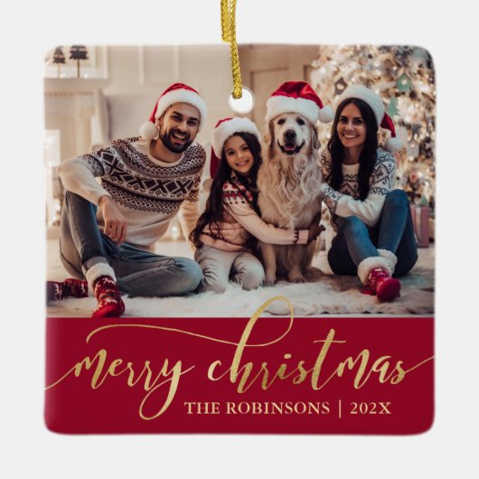 Ornement En Céramique Elegant Gold Merry Christmas Script Photo Red (Devant)