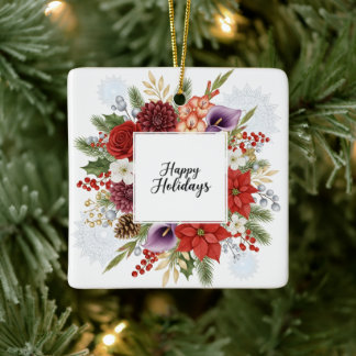 Ornement En Céramique Elegant Holiday Floral Wreath Happy Holidays
