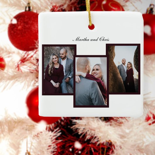 Ornement En Céramique Élégant Marié Script 3 Photo Collage Rouge