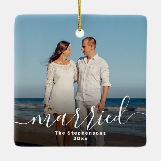 Ornement En Céramique Élégant Marié Script superposition double face pho (Dos)