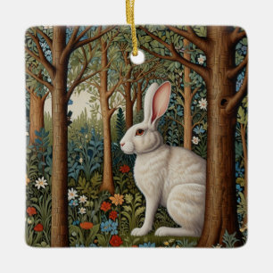 Ornement En Céramique Elégant retro boho blanc lapin boisé fleurs