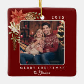 Ornement En Céramique Élégant Rouge foncé Joyeux Noël Poinsettia Photo (Devant)