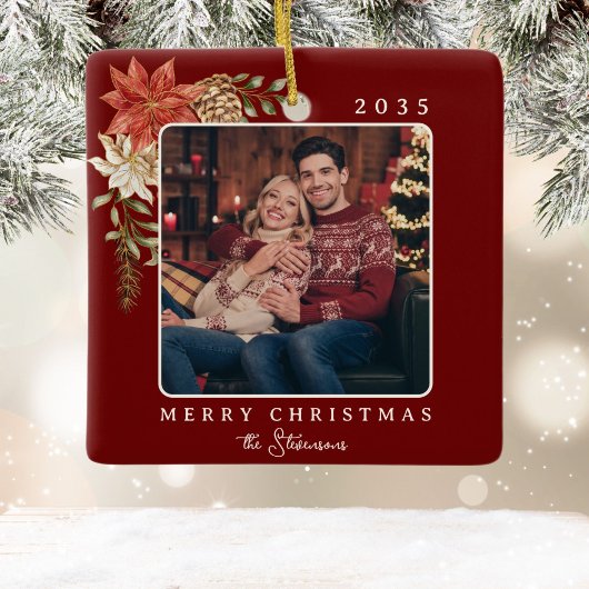 Ornement En Céramique Élégant Rouge foncé Joyeux Noël Poinsettia Photo