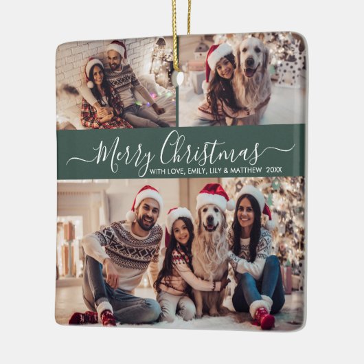 Ornement En Céramique Élégant Script 3 Photo Collage Vert Noël (Gauche)