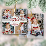 Ornement En Céramique Élégante famille de Noël botanique 5 Photo<br><div class="desc">Cet élégant collage photo personnalisé gardien de Noël ornament le nom à l'intérieur d'un cadre botanique scindé décoré de cloches,  entouré de 4 photos sur le devant,  et d'une cinquième photo sur le dos.</div>