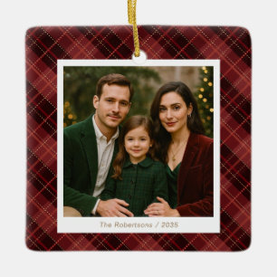 Ornement En Céramique Élégante photo de famille en tartan rouge de Noël