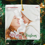 Ornement En Céramique Élégante photo de famille Rouge vert Script Noël<br><div class="desc">Élégant joyeux ornement photo de Noël avec belle écriture cursive en rouge et vert. Ce cadeau photo bébé de vacances moderne présente une magnifique typographie et votre texte personnalisé sur l'image de fond en blanc en bas. Parfait pour célébrer un bébé souriant ou un enfant heureux.</div>