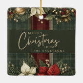Ornement En Céramique Élégante Poinsettie Plaid Nom Joyeux Noël (Dos)