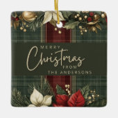 Ornement En Céramique Élégante Poinsettie Plaid Nom Joyeux Noël (Devant)