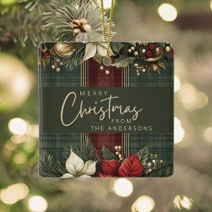 Ornement En Céramique Élégante Poinsettie Plaid Nom Joyeux Noël