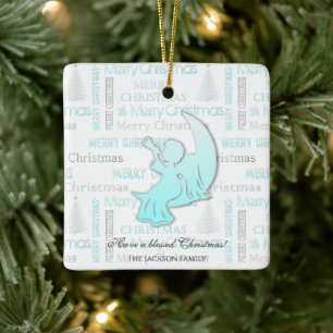 Ornement En Céramique Élégante typographie de Noël Turquoise et Argent