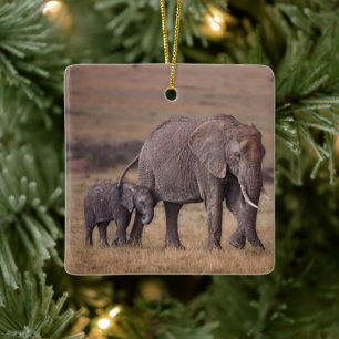 Ornement En Céramique Éléphant d'Afrique avec bébé
