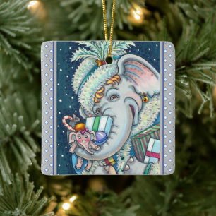 ORNEMENT EN CÉRAMIQUE ÉLÉPHANT DE NOËL, FIER DES CADEAUX ET BONNE CHÈRE