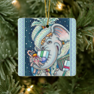 ORNEMENT EN CÉRAMIQUE ÉLÉPHANT DE NOËL, FIER DES CADEAUX ET BONNE CHÈRE