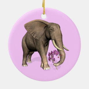 Ornement En Céramique Elephant With Pink Orchid