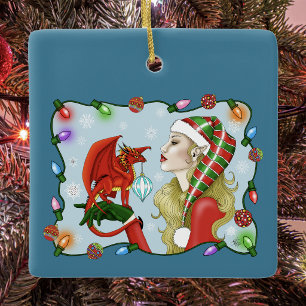 Ornement En Céramique Elfe blonde de Noël Dragon rouge Fantastique
