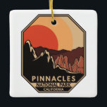 Ornement En Céramique Emblème rétro minimal du parc national Pinnacles<br><div class="desc">Conception de l'illustration vectorielle Pinnacles. Le parc est un parc national américain qui protège une zone montagneuse située à l'est de la vallée de Salinas en Californie centrale.</div>