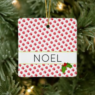 Ornement En Céramique Empreintes de pattes de Noël Rouge NOM DE L'ANIMAL