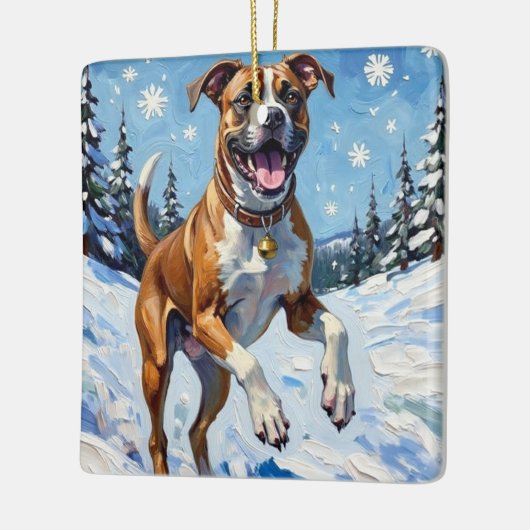 Ornement En Céramique Energetic Boxer Dog Leaping in Winter Snow Fun (Gauche)