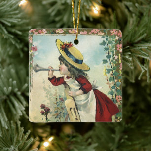 Ornement En Céramique Enfant victorienne vintage, fille soufflant dans u