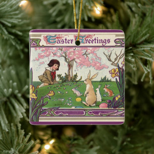 Ornement En Céramique Enfant Vintage à la chasse aux œufs de Pâques avec