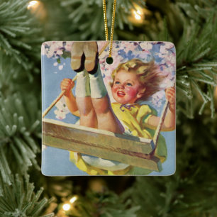 Ornement En Céramique Enfant vintage, Fille se balançant sur un arbre Jo