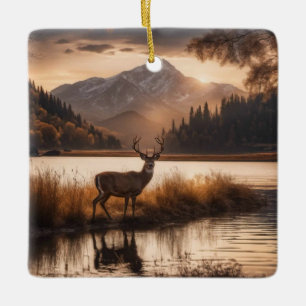 Ornement En Céramique Énorme cerf à cheval sur le lac Mountain