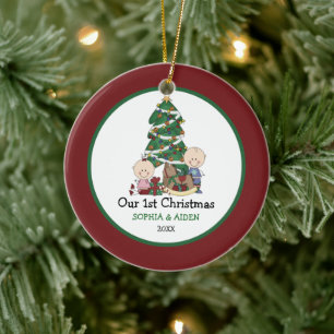 Ornement En Céramique Ęr Noël de jumeaux mignons personnalisé