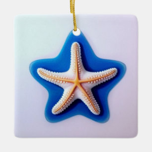 Ornement En Céramique Étoile de mer orange sur fond bleu