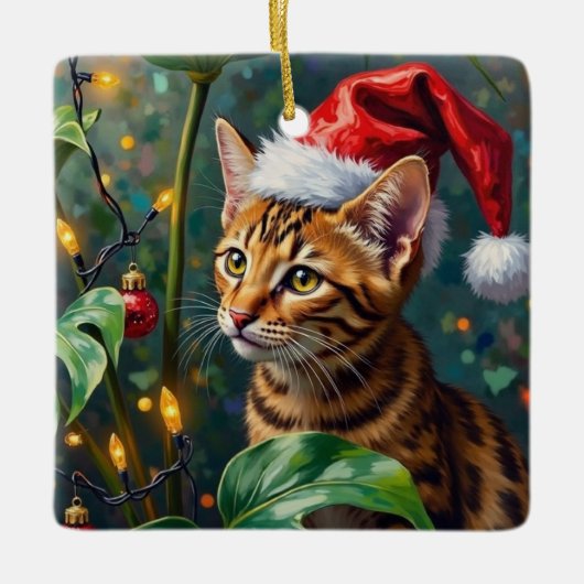 Ornement En Céramique Exotic Bengal Cat Jungle Christmas Playtime Art (Devant)