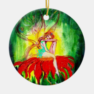 ORNEMENT EN CÉRAMIQUE FAIRY RÊVER SUR UNE FLEURS ROUGE, RUBY VIBRANT